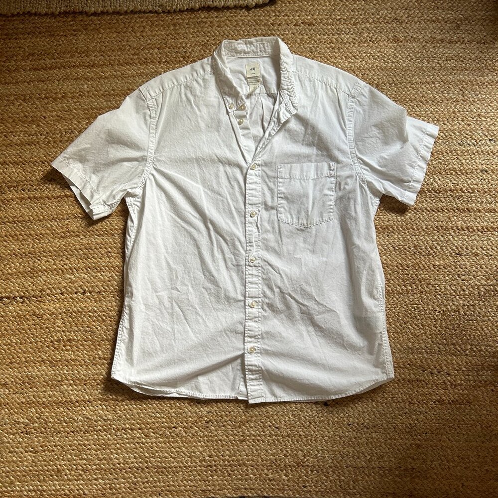 White Short Sleeve Cotton Button-Down Shirt